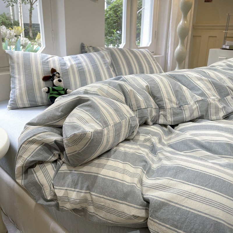 Autumn and Winter Soft Waxy Skin-friendly Cloud Cotton Simple Style Striped Washed Cotton Bed Four-piece Set Student Dormitory Three-piece Set