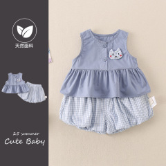 新しい出発点の服の女の子の夏のスーツ2025新型の女の子のファッションの袖なしの外の服の短い2つのセット