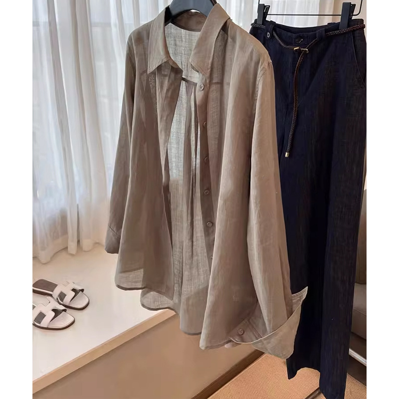 Áo sơ mi linen nữ phong cách cổ điển thiết kế rộng rãi chống nắng mùa hè — Màu cà phê khói chi tiết 4