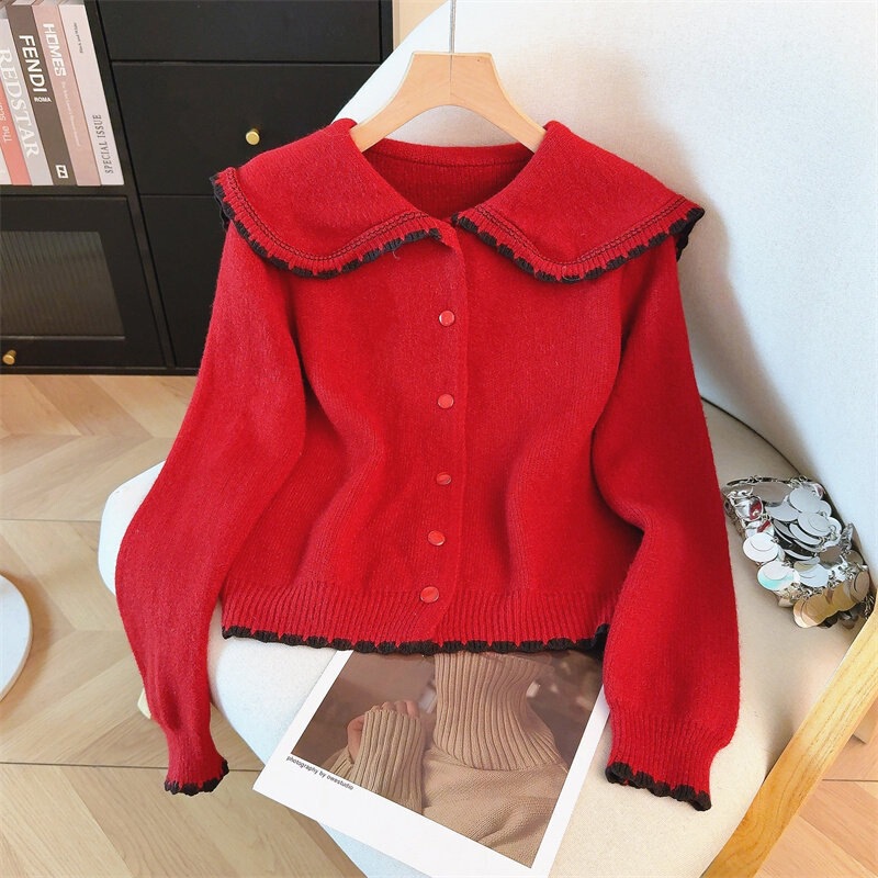French-style contrast color navy collar cardigan for women, sweet and youthful, autumn and winter red knit sweater jacket for the New Year