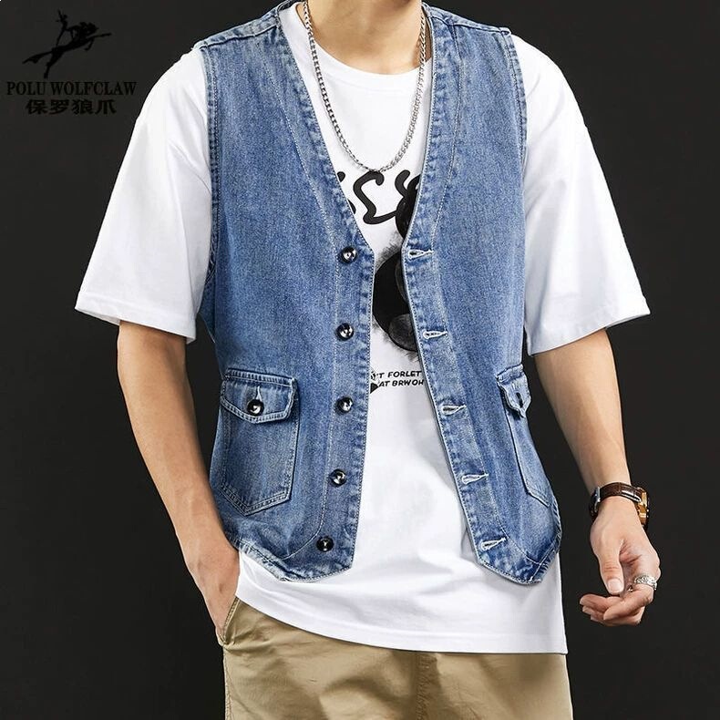 American-Style Trendy Denim Vest for Men, Spring and Autumn Sleeveless Outerwear, Stylish Textured Jacket, Workwear Vest