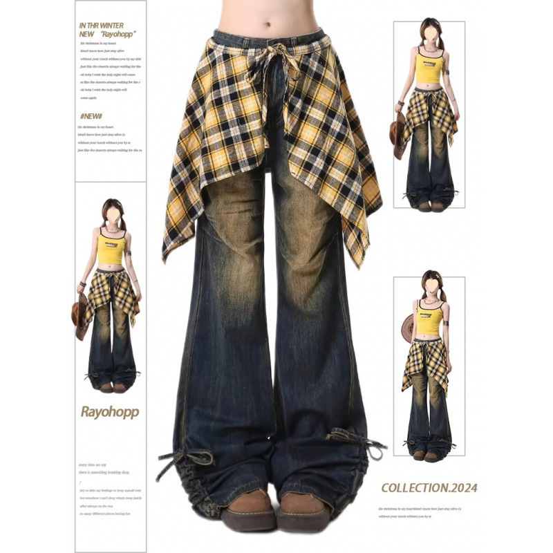 Jeans Women's Autumn American Pleated Old Design Spice Girls Casual Microlar Pants Plaid Skirt