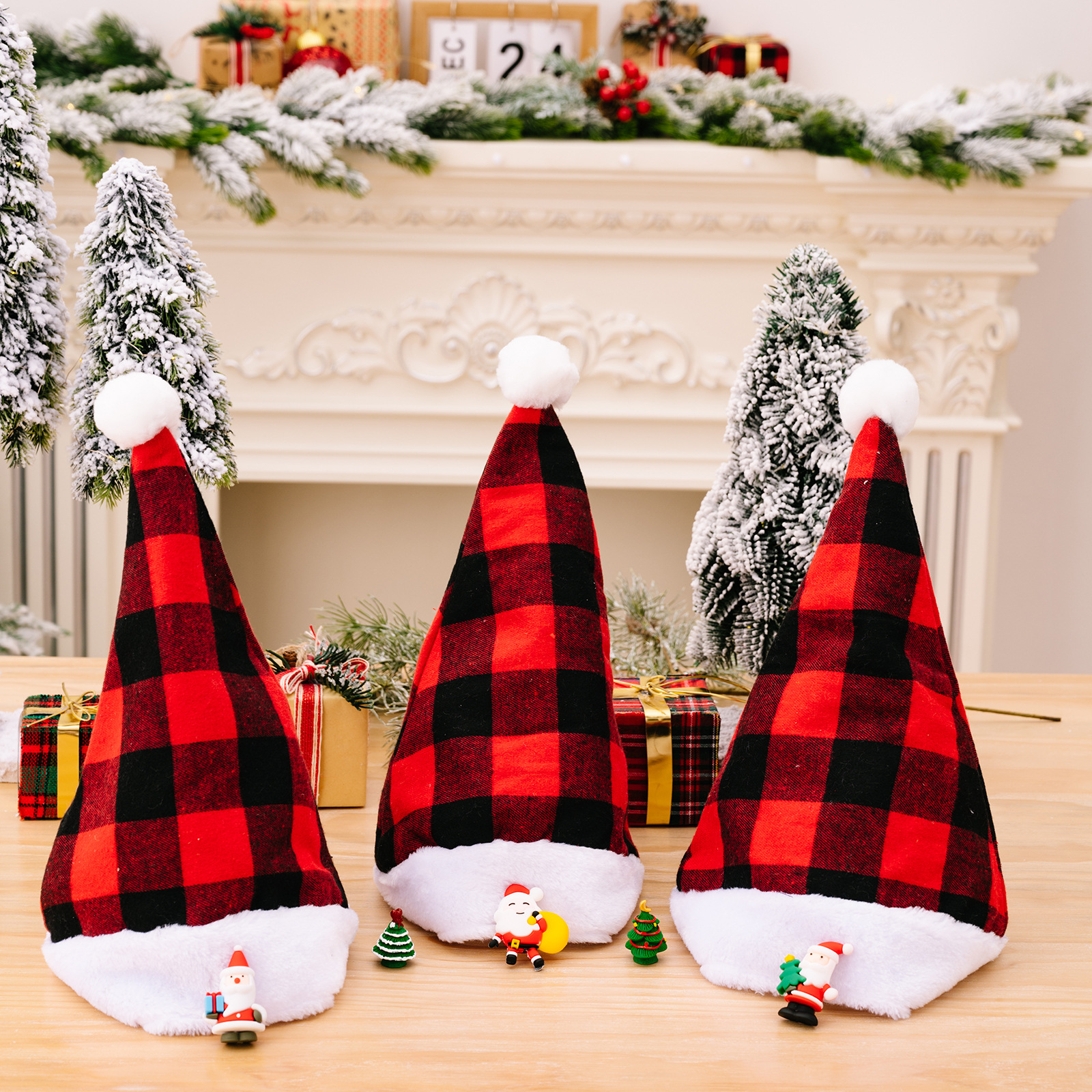Christmas New Christmas Decoration Plush Edge Plaid Christmas Hat High-end Children's Red and Black Hat Adult Hat_voghion.com