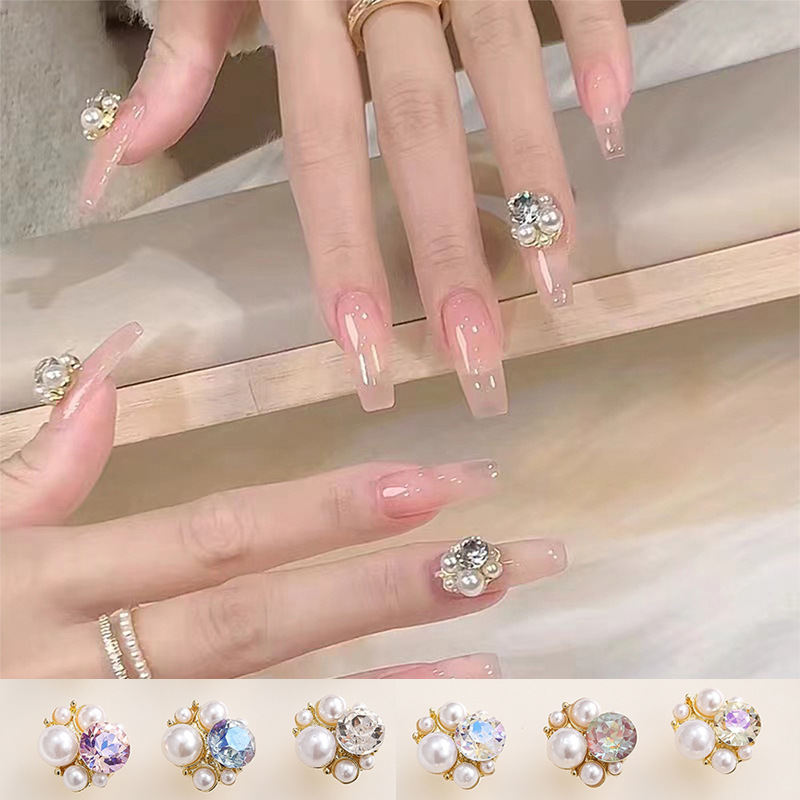 网红美甲饰品超闪水晶珍珠立体堆钻彩色钻饰合金指甲装饰品配饰