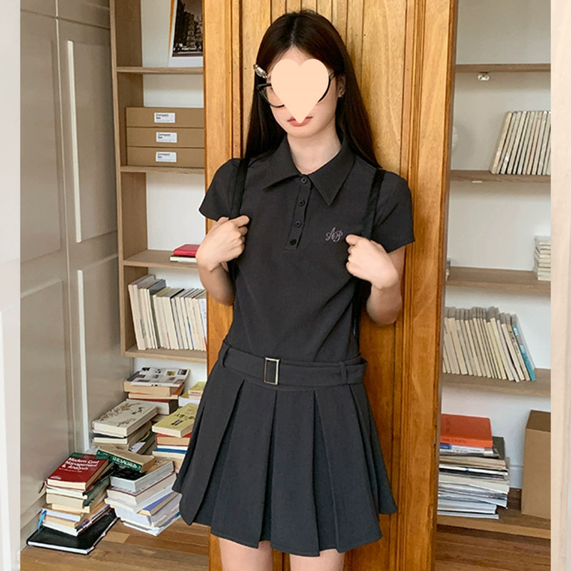 Платье-рубашка с короткими рукавами, летняя плиссированная серая короткая юбка в студенческом стиле с вышивкой