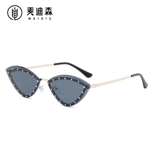 Jet 3561 European and American trendy cat-eye diamond-encrusted sunglasses, personalized colorful ocean patch diamond rimless sunglasses