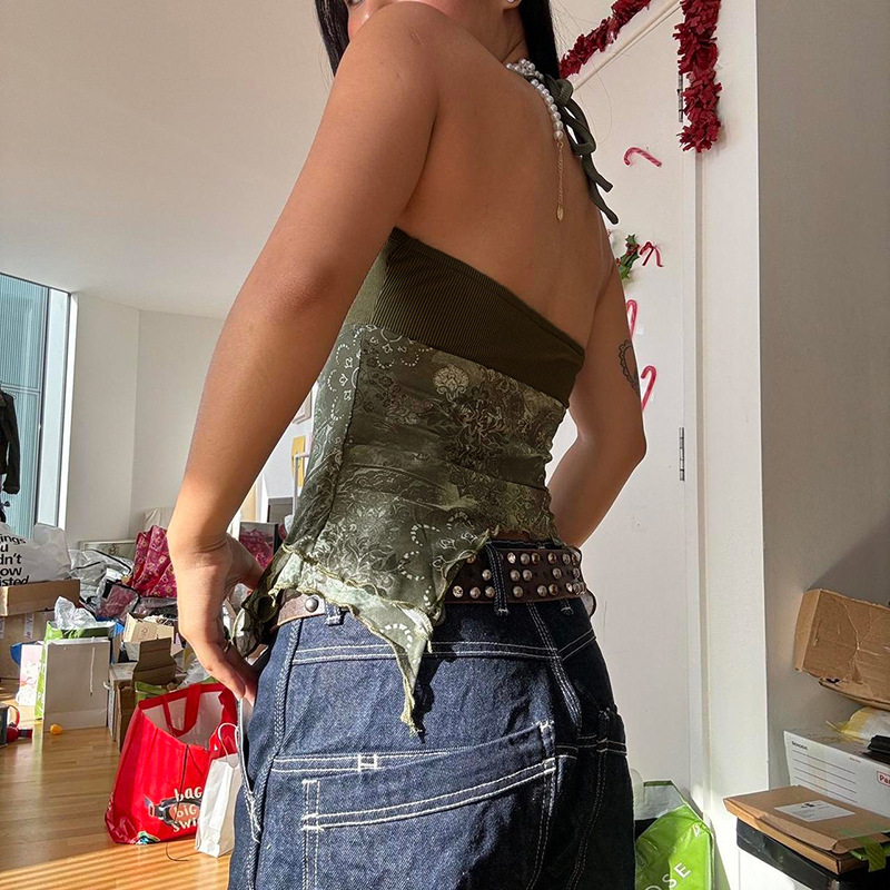 2025欧美女装复古印花不规则下摆挂脖背心设计感针织拼接吊带上衣|undefined