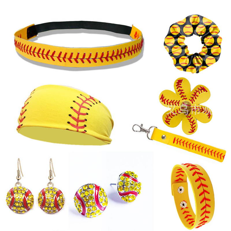 European and American Amazon New Softball Elastic Sports Headband Baseball Leather Bracelet Earrings Leather Keychain Set