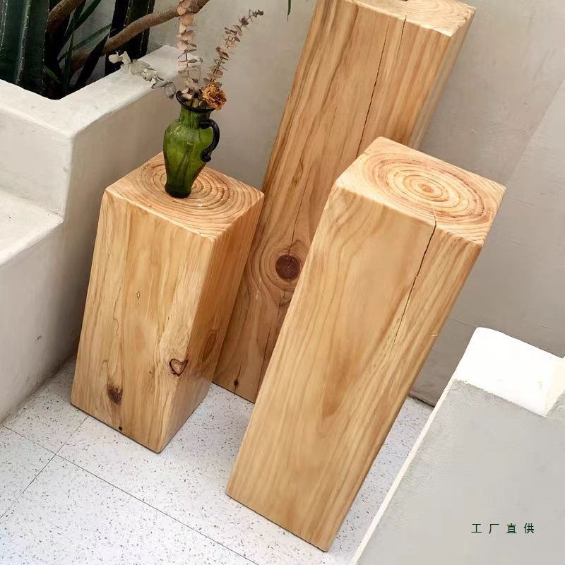 原木色木墩子根雕凳子复古风方形民宿酒店玄关摆件花架艺术侘寂风