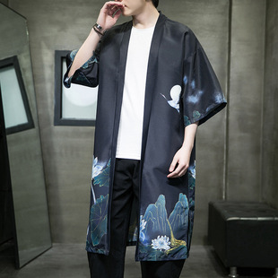 2023 New Summer Chinese Style Men's Long Crane Printed Hanfu Cardigan Japanese Fashionable Kimono Cape Men