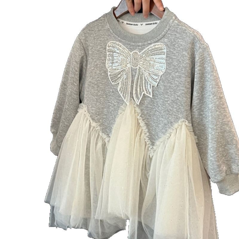 Vestido de niñas 2025 primavera extranjera bebé arco regalete vestido de malla para niños camiseta