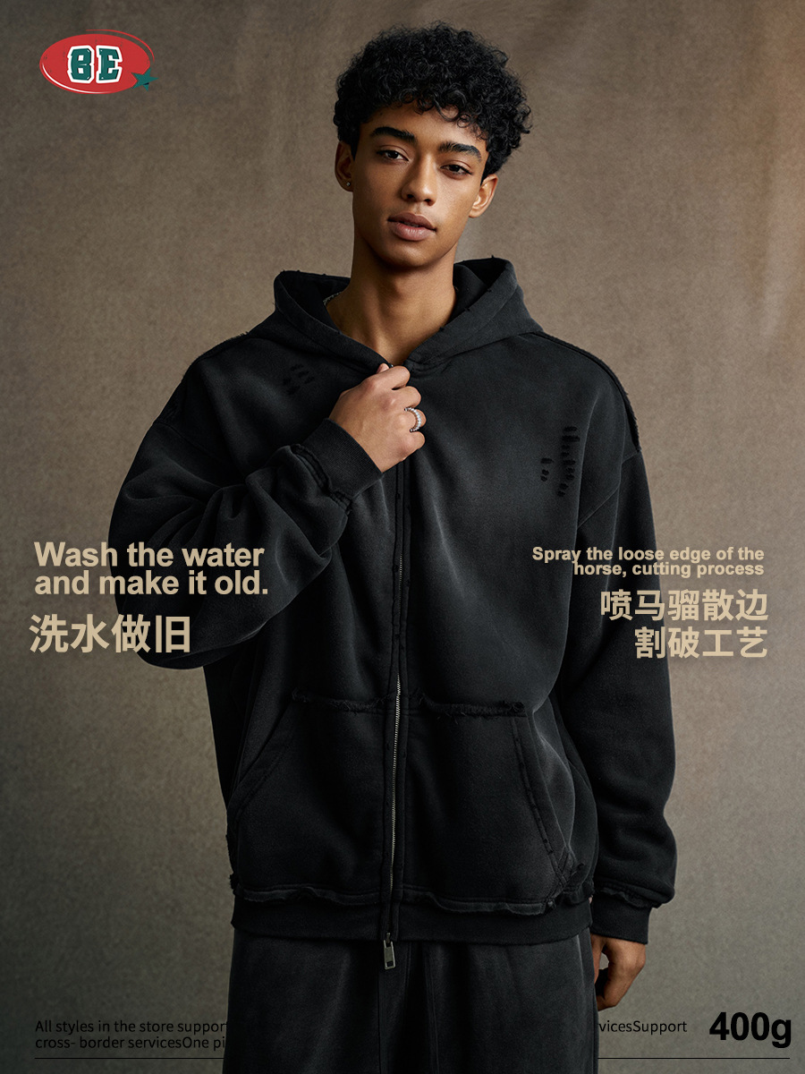BE ropa de hombre | 2025 otoño marca de moda estadounidense suéter con capucha de calle alta chaqueta de punto con cremallera de borde suelto de mono en aerosol hombre