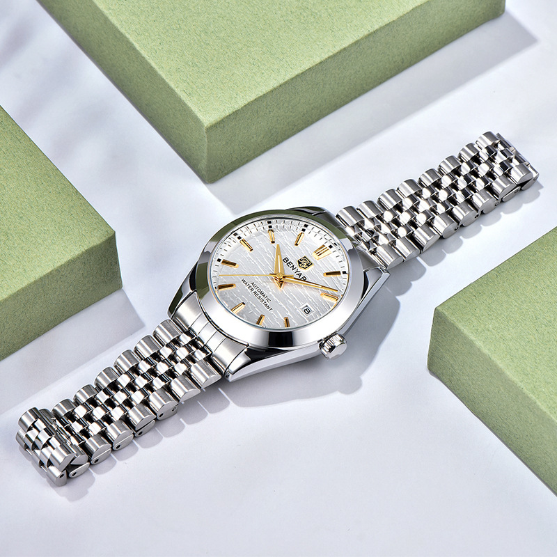 BENYAR calendario ondulado de acero inoxidable nocturno correa de reloj mecánico automático para hombres BY - 5209M