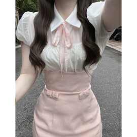 小个子甜妹穿搭百搭白色POLO领系带泡泡袖上衣高腰包臀短裙两件套