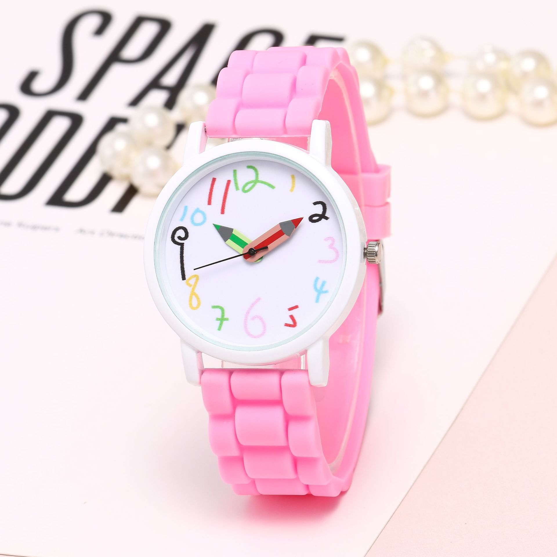 Orologio al quarzo con cinturino in silicone color gelatina da donna con matita digitale Cartoon_voghion.com