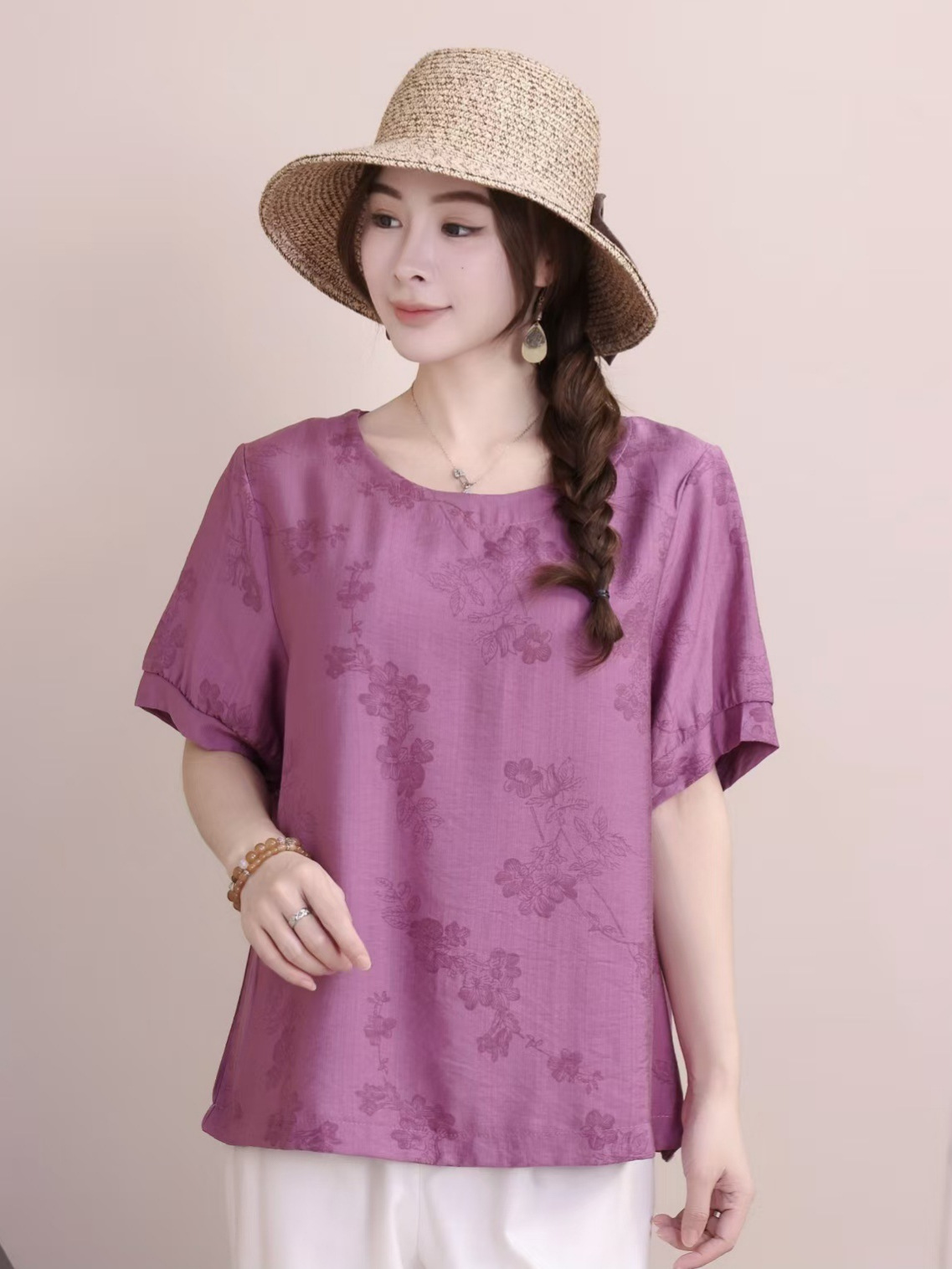 Cross-border nueva camiseta de mujer china impresa camiseta de mujer de manga corta camiseta base de verano overhead cuello redondo artístico ocio