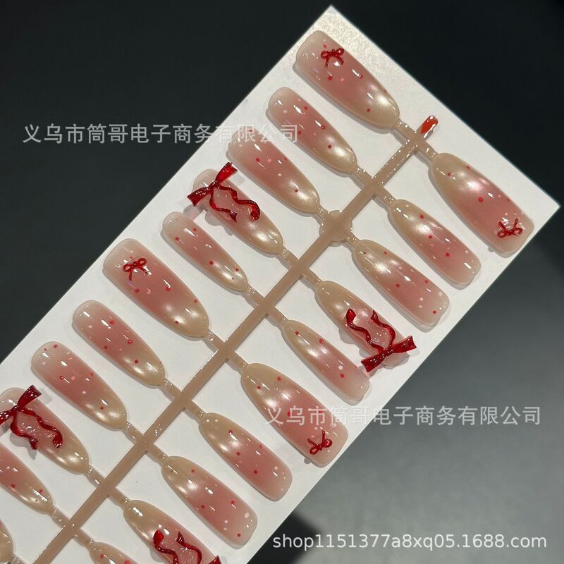 Pre-Made Nails with Cat-Eye Red Polka Dot Bow, Wearable Nails, 30 Pieces, High-End Smudged Daily Disposable Nail Patches