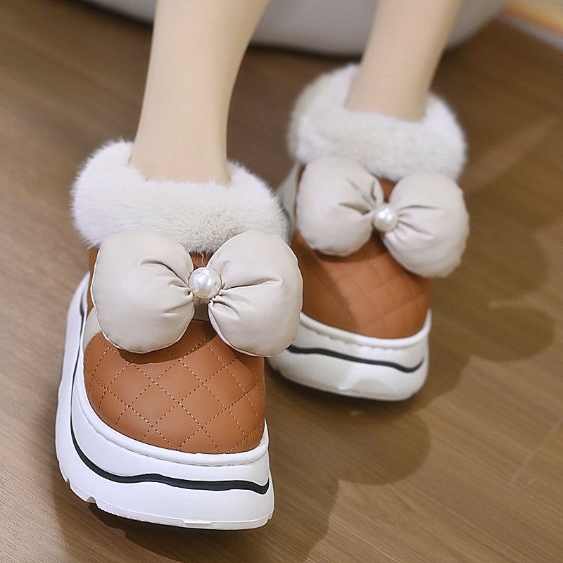 Leather Bow-Knot Warm Autumn and Winter New Fashion Women's Cotton Shoes, Snow Boots, Office Thickened and Fleece-Lined for Warmth