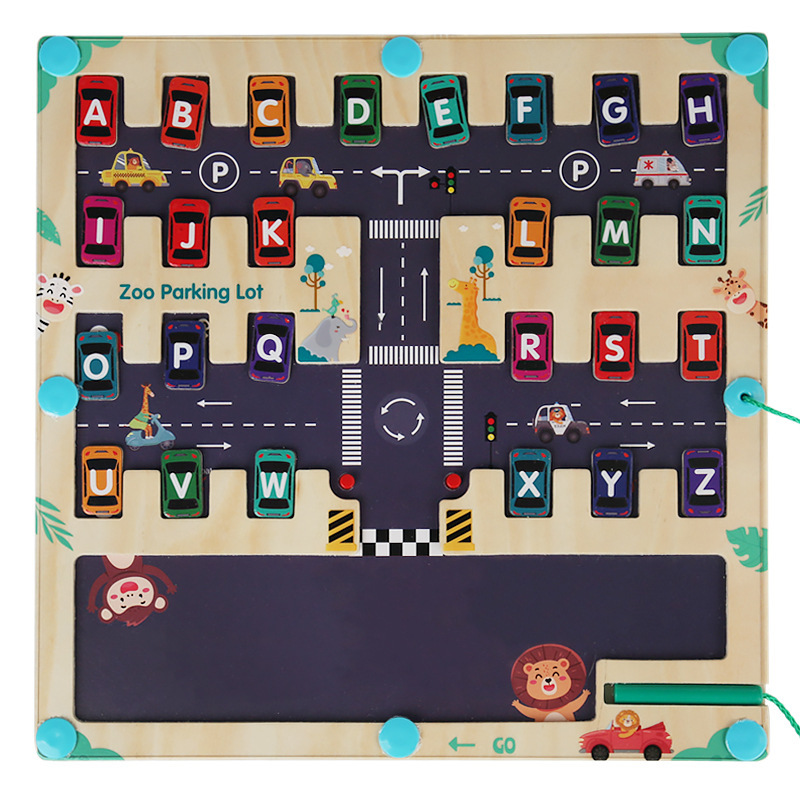Coche de madera para niños que sale de la biblioteca para encontrar la posición carta a juego magnética palabra ortografía pluma laberinto caminar juguetes educativos