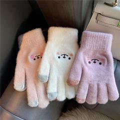 女子学生用冬用手袋、ベルベットで暖かく保つ韓国風かわいいベルベットで厚みのあるサイクリング5本指防寒綿手袋