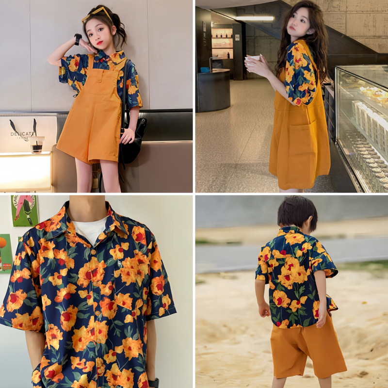 Internet Celebrity's New Family Clothing Summer Clothing Hong Kong Style Short-Sleeved Floral Shirt Family of Three Mother-Daughter Overalls Suit