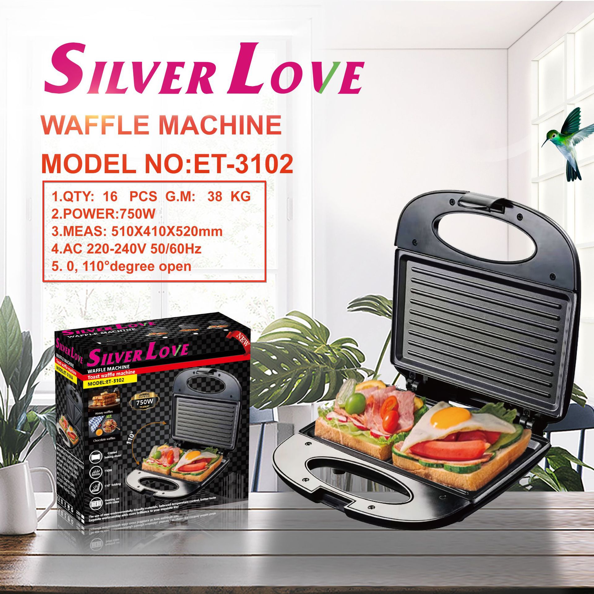 Foreign Trade Export Household Sandwich Machine Strip Bread Breakfast Machine 800W Bread Machine Waffle Machine
