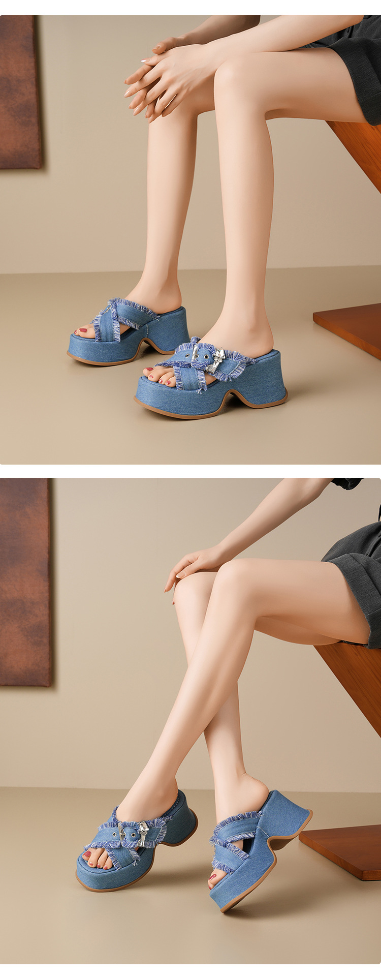 Dép sandal cao gót nữ hở mũi đế xuồng 9 cm quai ngang chất denim — Màu xanh lam denim, Vải bò trắng be chi tiết 8