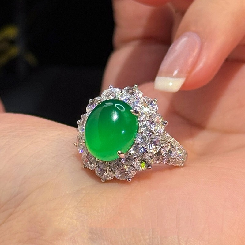 Natural Chalcedony Ring for Women, Comparable to Jade Pendant Inlay, New Chinese Style Green Cabochon Ring, Agate Live Jewelry