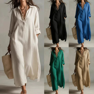 Cross-Border European and American Amazon 2026 Spring/Summer New Solid Color Lapel Casual Long-Sleeve Shirt Long French-Style Dress Cross-Border European and American Amazon 2026 Spring/Summer New Solid Color Lapel Casual Long-Sleeve Shirt Long French-Style Dress