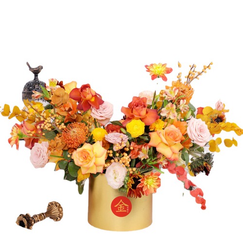 Gold Suite II Hug Bucket Opening Grand Flower Bucket Fresh Flower Packaging Box Round Bucket Flower Insert Gold Flower Bucket Flower Shop