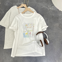 ins油画感 百搭出街 短袖女新款时尚宽松显瘦纯棉圆领印花T恤女