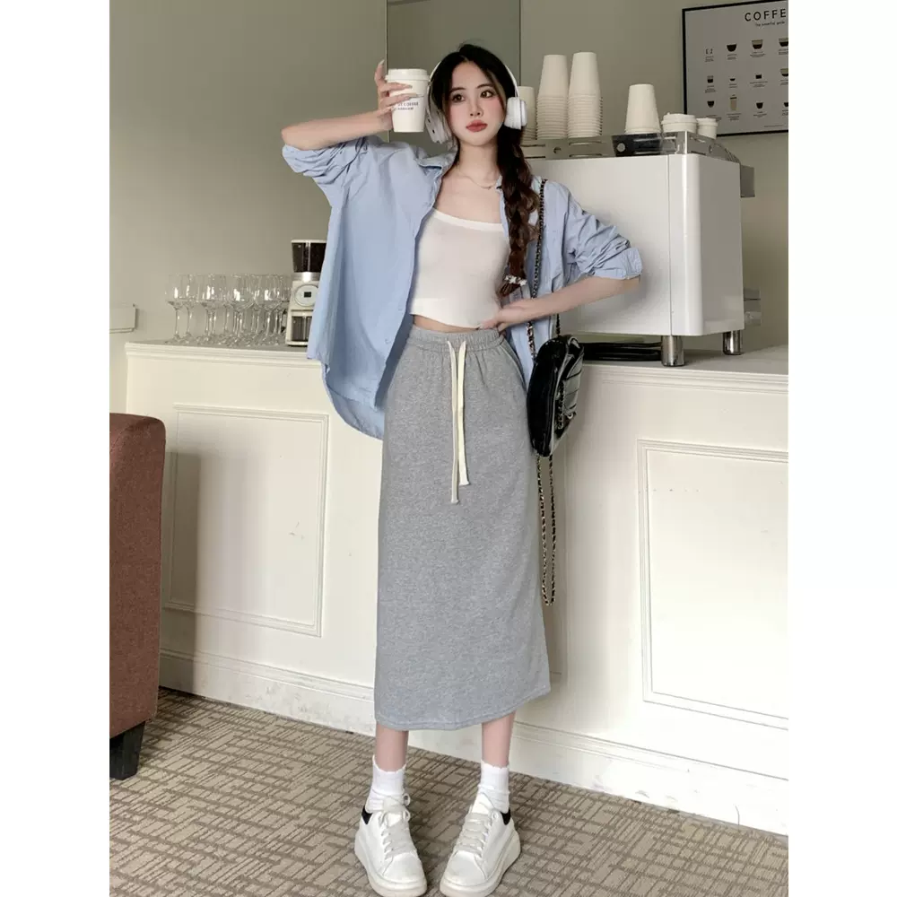 6671#实拍 面纯棉华棉 2025秋装半身裙女开叉显瘦显高裙子女口袋