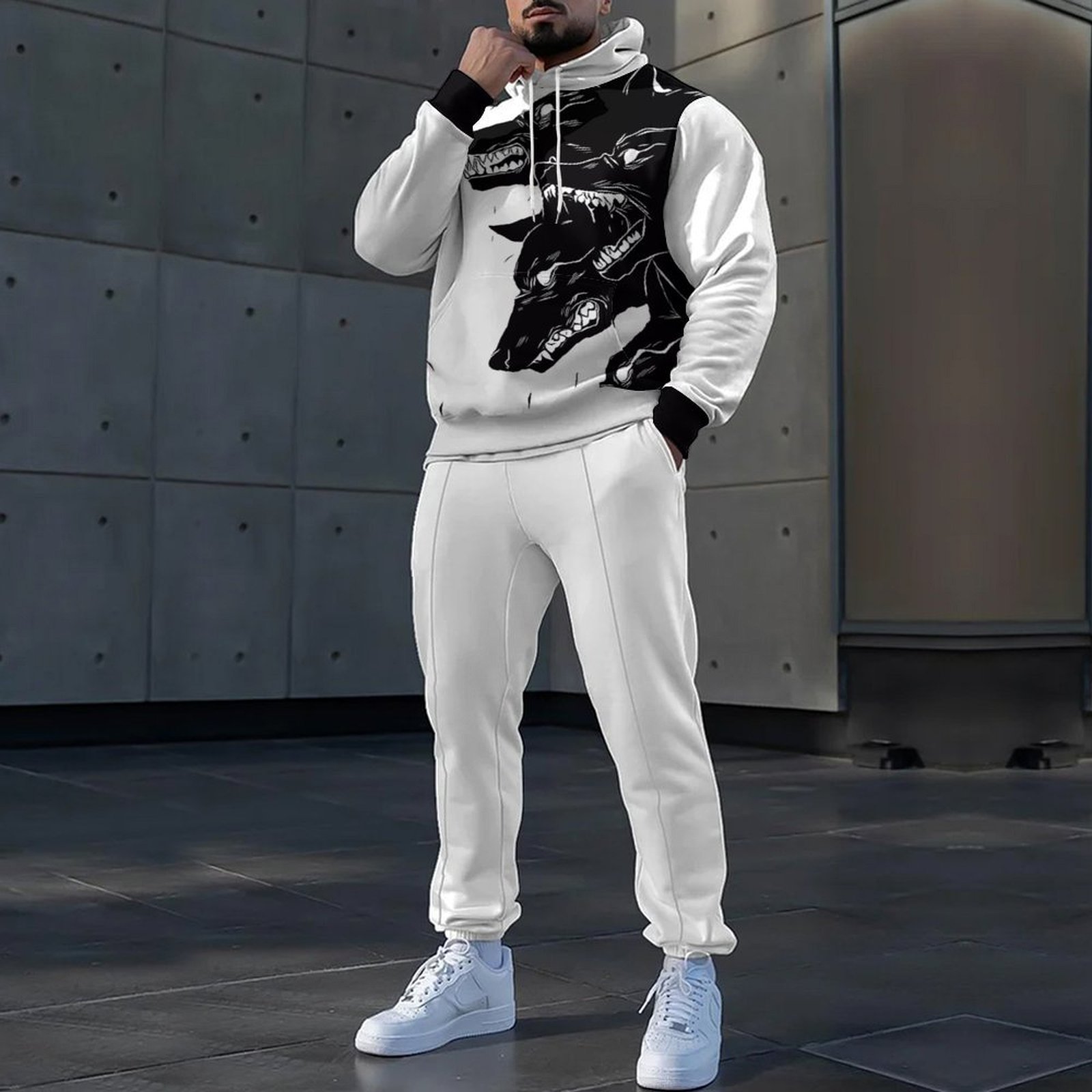 Traje de pantalón de suéter con capucha con estampado de animales 3D HD, MC11-ML1 de dos piezas de estilo perezoso y casual para el hogar