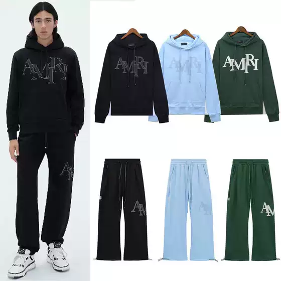 Cross-Border American High Street Streetwear AM Logo Embroidered Letter Unisex Casual Loose Cotton Hoodie and Sweatpants