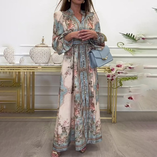 Cross-Border European and American Women's Clothing 2025 New Elegant V Neck Long-Sleeved Printed Retro Palace Style Large Swing Spring Dress