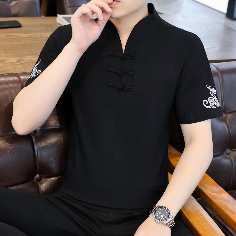 Comercio exterior al por mayor verano nuevo estilo hombre de moda bordado con hebilla de disco estilo chino camiseta de manga corta para hombre nuevo estilo chino generación transfronteriza