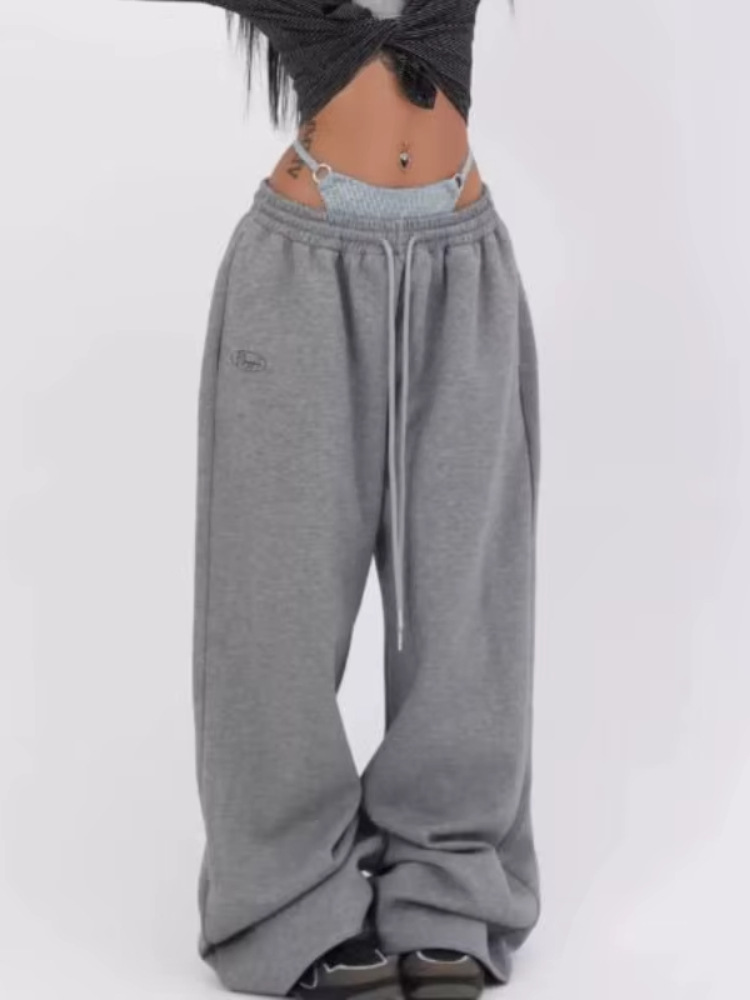 Pantalones deportivos grises transfronterizos europeos y americanos 2025 para mujer retro hip-hop Pantalones casuales coreanos para correr de gran tamaño Harajuku Beauty