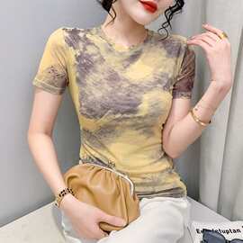 2025新款复古印花修身短袖T恤女别致气质花色扎染上衣纱衣小衫夏