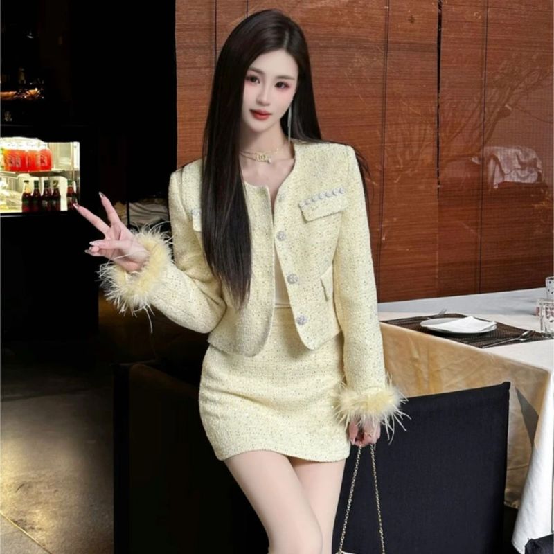 高级感名媛拼接外套高腰半身裙两件套女春秋新款时尚显瘦气质套装|undefined