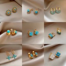 精致四叶草绿松石耳钉优雅高级感蓝色水晶几何耳环简约个性耳饰女