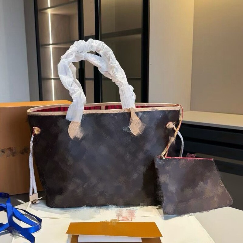 Genuine Leather Women's Bag Neverfull, High-End Monogram Shopping Bag, Handbag, Shoulder Tote, Large Underarm Bag