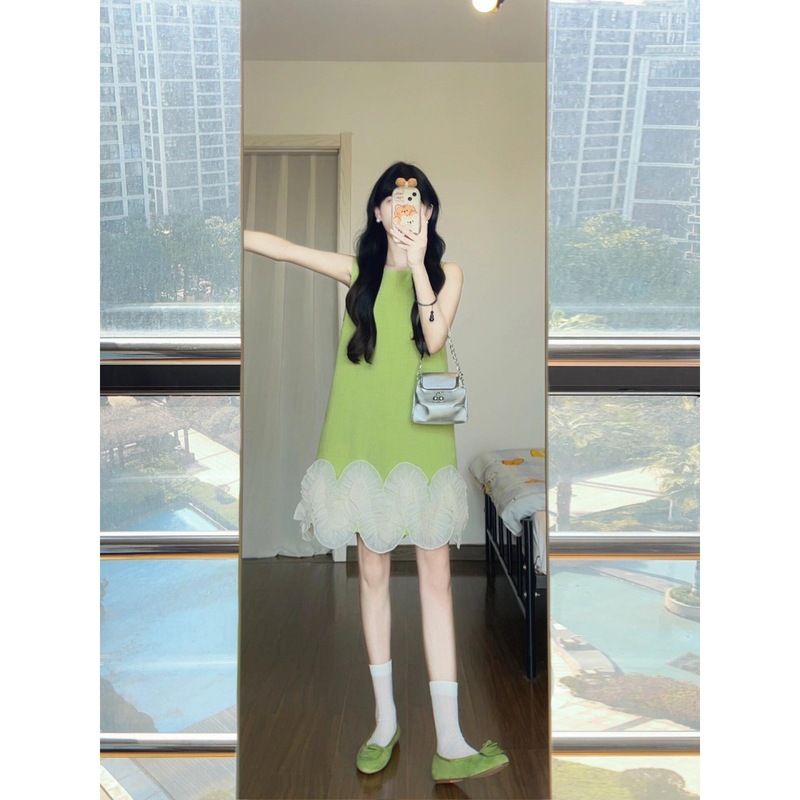 フォレストスタイル小柄なアボカドグリーンステッチレースドレス女性の夏甘い年齢軽減ノースリーブベストドレス|undefined