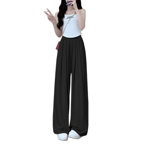 冰丝皱阔腿裤女夏薄款直筒高腰遮肉韩系2025裤子女显瘦长裤休闲裤