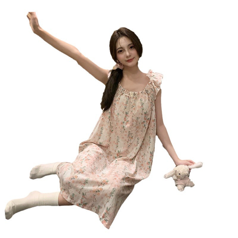 Pijama de verano, vestido de mujer, nuevo estilo con cojín de pecho, flores dulces, estudiantes, pijamas caseros, cabello de acento