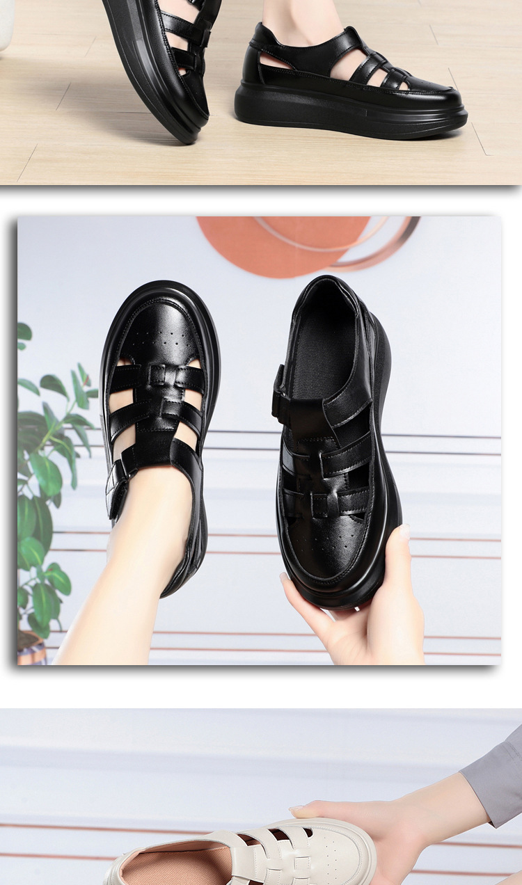 Dép sandal nữ da thật mũi kín quai chữ V đế dày — đen chi tiết 13