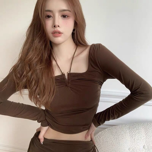 Pure Desire Hot Girl Long Sleeve T-Shirt Women Design Fitted Revealing Collar Slimming Base Top for Women