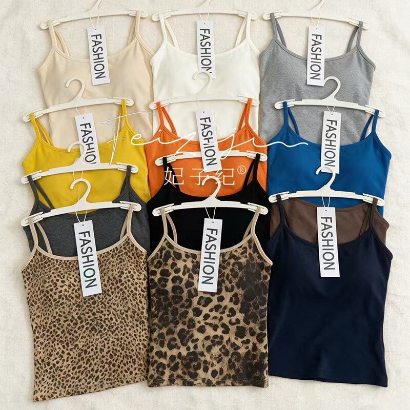 Autumn new Korean fashion leopard print color-block camisole for women with fixed chest pads, slim fit, versatile and stylish backless top
