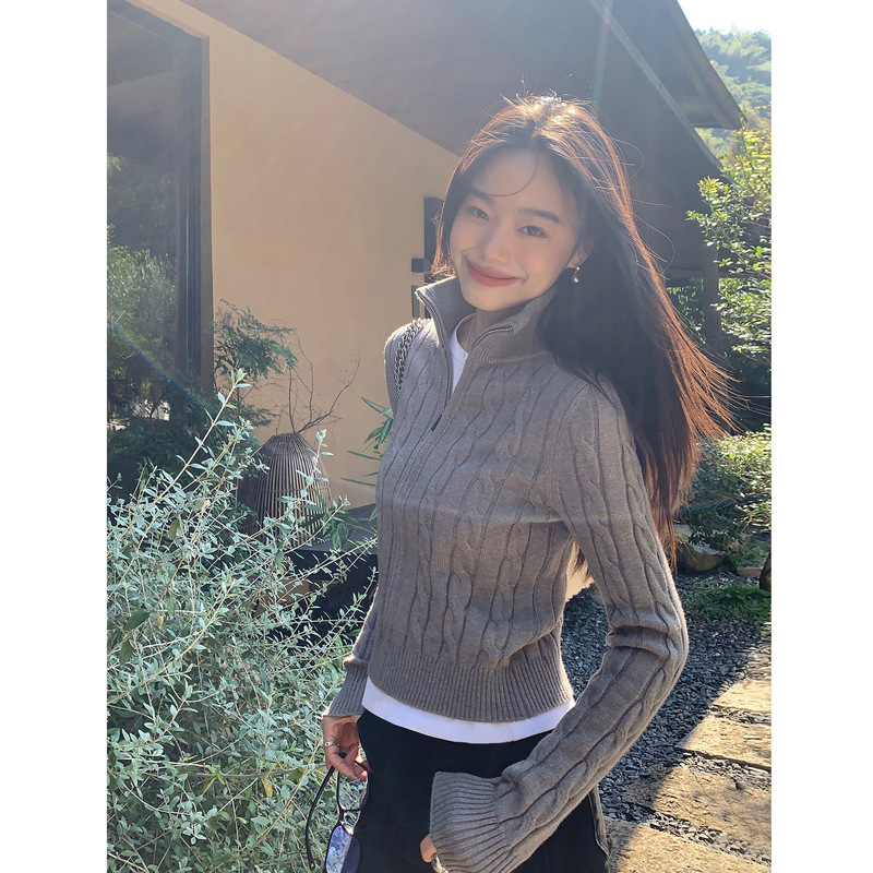 复古设计感麻花套头针织衫女秋冬新款韩系拉链休闲长袖套头上衣女|undefined