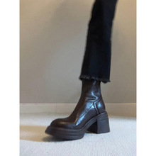 现货秒发~粗跟短靴女2024秋冬新款英伦厚底高跟弹力瘦瘦靴马丁靴