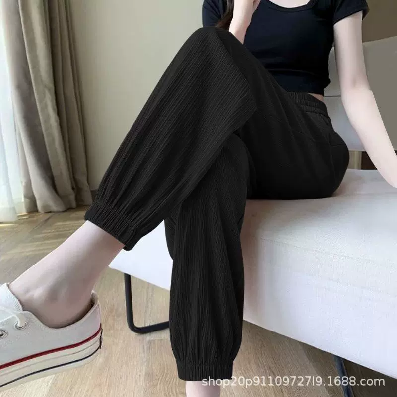 跨境亚马逊冰丝运动裤女宽松显瘦小个子束脚裤时尚休闲百搭灯笼裤